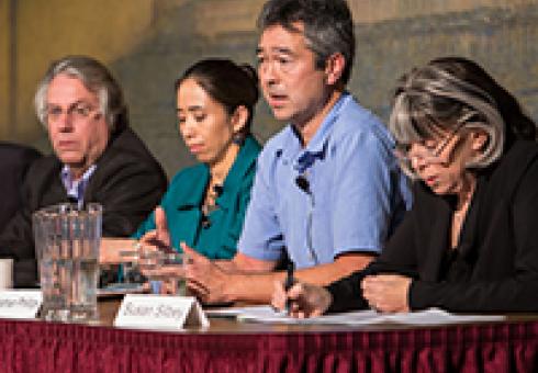 From left: Kieran Setiya, Kerry Emanuel, Janelle Knox-Hayes, Nathan Phillips (speaking), and Susan Silbey. Photo by Casey Atkins.