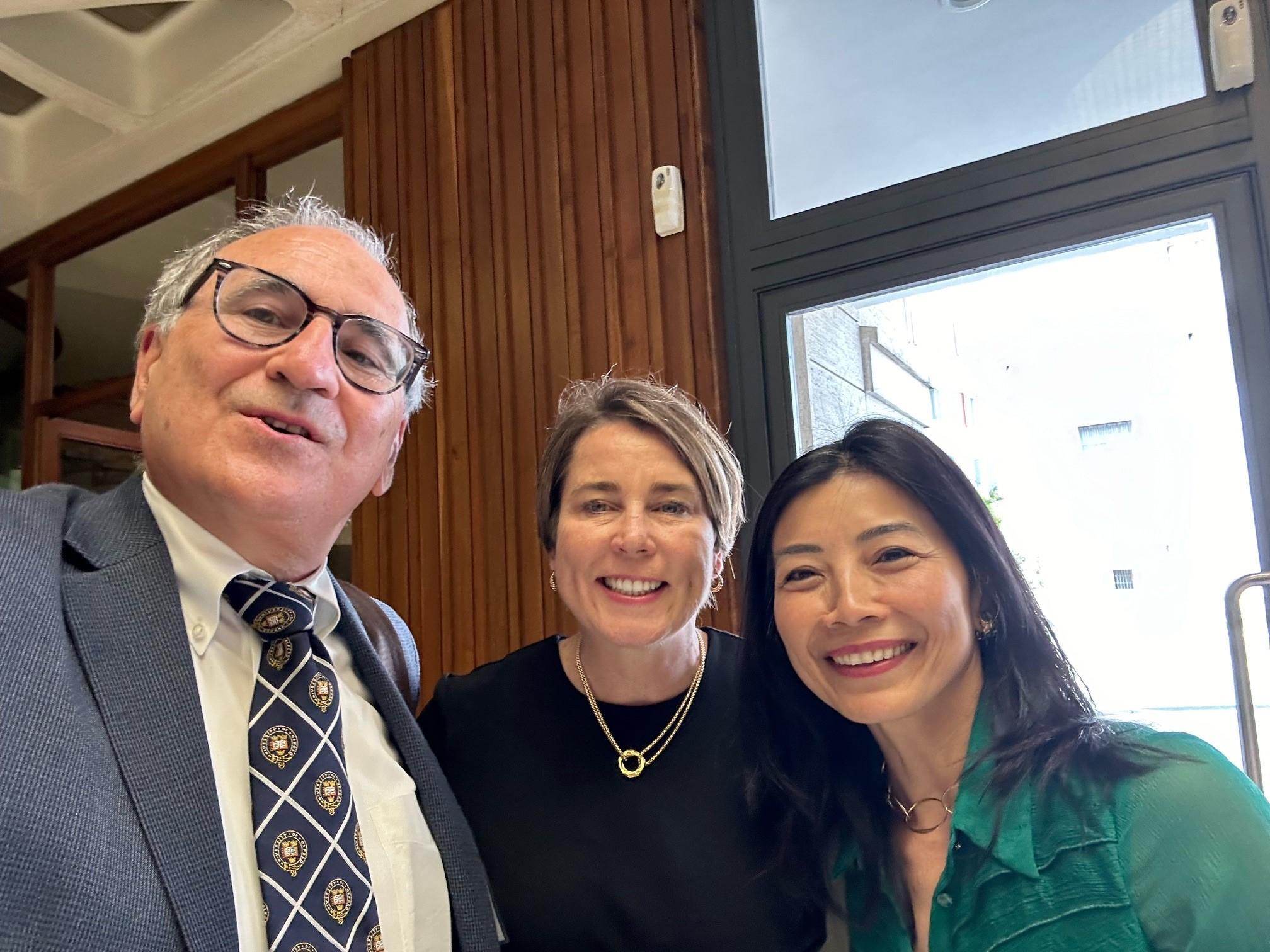 Kenneth Strzepek with Mass. Gov. Maura Healey and Social Finance CEO Tracy Palandjian